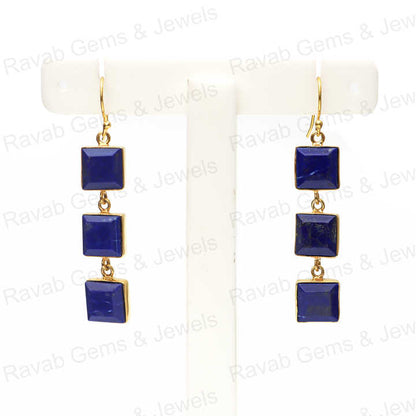New Arrival Solid 925 Sterling Silver Natural Lapis Lazuli 10mm Square Cut 18k Gold Plated Dangle Drop Fine Earring for Women