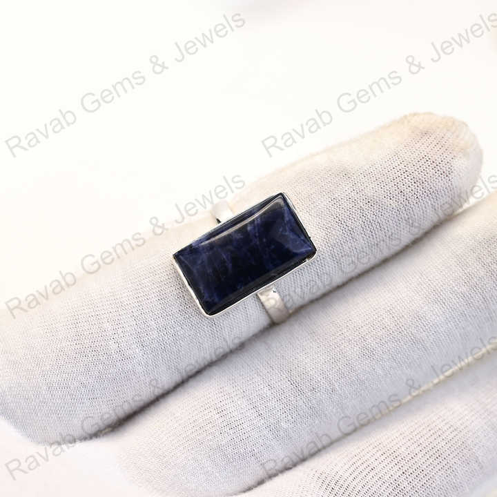 Top Quality Solid 925 Sterling Silver Natural Sodalite Cabochon Rectangle Shape Bezel Setting Ring for Women Handmade Jewelry