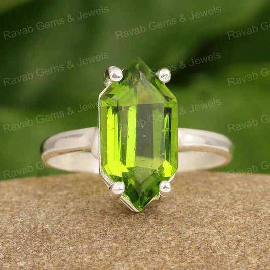 Handmade 925 Sterling Silver Women's Ring New Design Sparkling Hydro Quartz Green Peridot 8x10mm Hexagon Prong Setting Fine