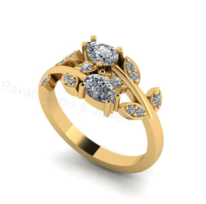 Top Selling 925 Silver Gold Plated Pear 4x6mm Cubic Zirconia Accents Gemstone Leaf Vine Floral Design Women Fine Jewelry Customized Ring