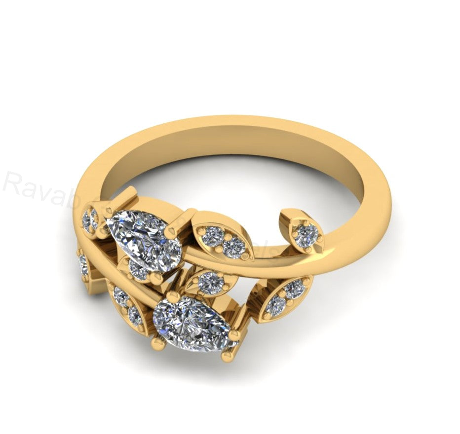 Top Selling 925 Silver Gold Plated Pear 4x6mm Cubic Zirconia Accents Gemstone Leaf Vine Floral Design Women Fine Jewelry Customized Ring
