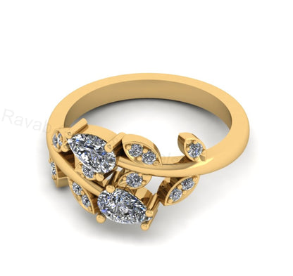 Top Selling 925 Silver Gold Plated Pear 4x6mm Cubic Zirconia Accents Gemstone Leaf Vine Floral Design Women Fine Jewelry Customized Ring