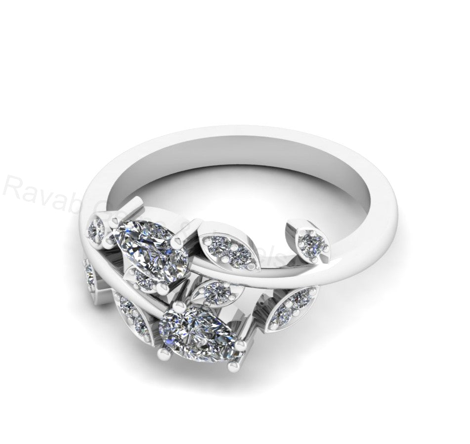 Top Selling 925 Silver Gold Plated Pear 4x6mm Cubic Zirconia Accents Gemstone Leaf Vine Floral Design Women Fine Jewelry Customized Ring