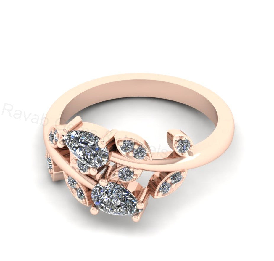 Top Selling 925 Silver Gold Plated Pear 4x6mm Cubic Zirconia Accents Gemstone Leaf Vine Floral Design Women Fine Jewelry Customized Ring