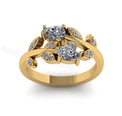 Top Selling 925 Silver Gold Plated Pear 4x6mm Cubic Zirconia Accents Gemstone Leaf Vine Floral Design Women Fine Jewelry Customized Ring