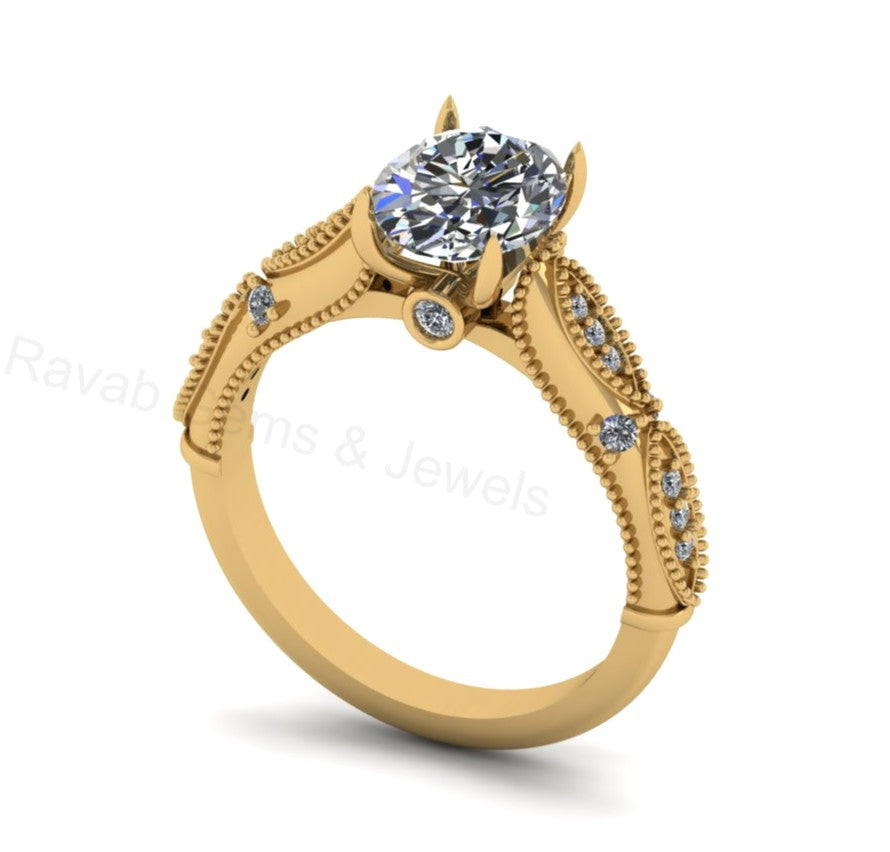 Victorian Inspired 925 Silver 14k Gold Plated 7x9mm Oval Shape Cubic Zirconia Prong Set Designer Customized Ring Fine Jewelry Gift For Her
