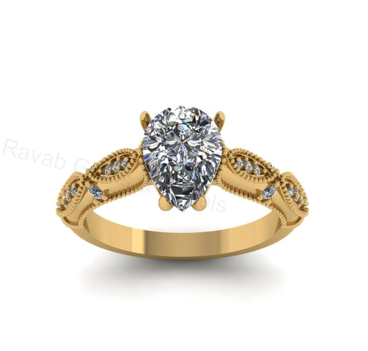 Victorian Inspired 925 Silver 14k Gold Plated 7x9mm Pear Cubic Zirconia Prong Set Designer Customized Ring Fine Jewelry Gift For Her