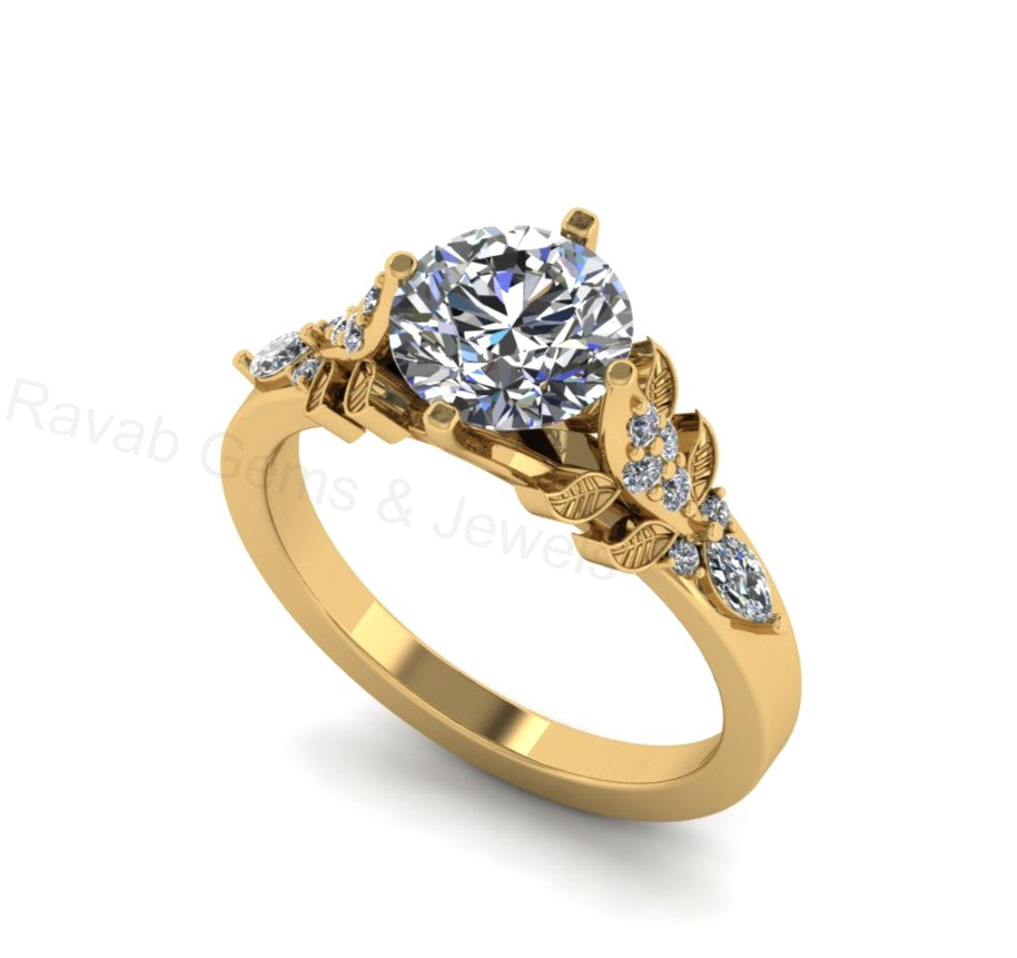 Top Selling 925 Silver Gold Plated Round 8mm Cubic Zirconia Accents Gemstone Leaf Vine Floral Design Women Fine Jewelry Customized Ring