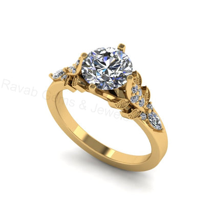 Top Selling 925 Silver Gold Plated Round 8mm Cubic Zirconia Accents Gemstone Leaf Vine Floral Design Women Fine Jewelry Customized Ring
