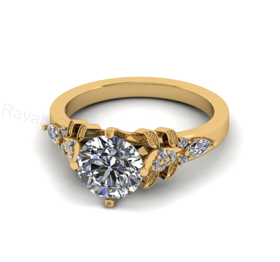 Top Selling 925 Silver Gold Plated Round 8mm Cubic Zirconia Accents Gemstone Leaf Vine Floral Design Women Fine Jewelry Customized Ring