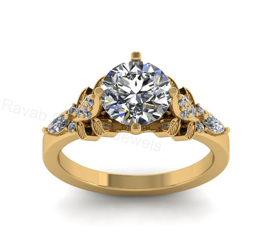 Top Selling 925 Silver Gold Plated Round 8mm Cubic Zirconia Accents Gemstone Leaf Vine Floral Design Women Fine Jewelry Customized Ring