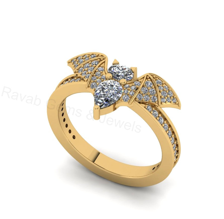 Top Selling 925 Sterling Silver Gold Plated Pear Oval Cubic Zirconia Accents Gemstone Bat Wing Design Customized Band Ring Fine Jewelry