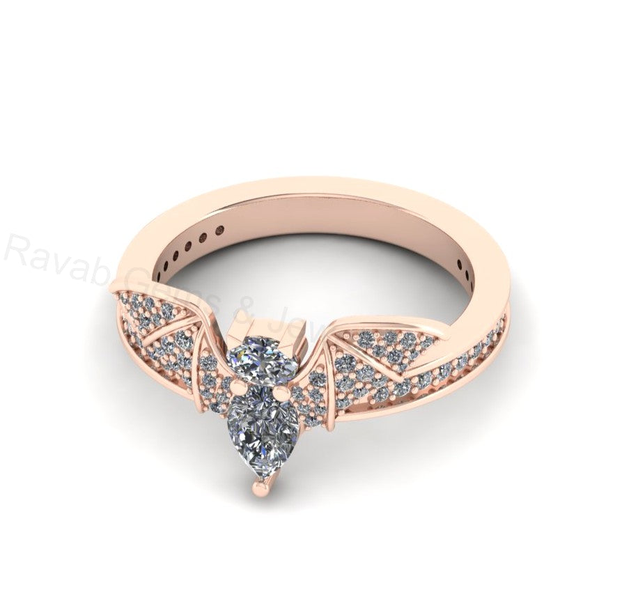 Top Selling 925 Sterling Silver Gold Plated Pear Oval Cubic Zirconia Accents Gemstone Bat Wing Design Customized Band Ring Fine Jewelry