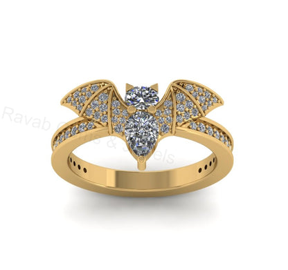 Top Selling 925 Sterling Silver Gold Plated Pear Oval Cubic Zirconia Accents Gemstone Bat Wing Design Customized Band Ring Fine Jewelry