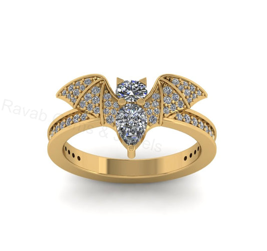 Top Selling 925 Sterling Silver Gold Plated Pear Oval Cubic Zirconia Accents Gemstone Bat Wing Design Customized Band Ring Fine Jewelry