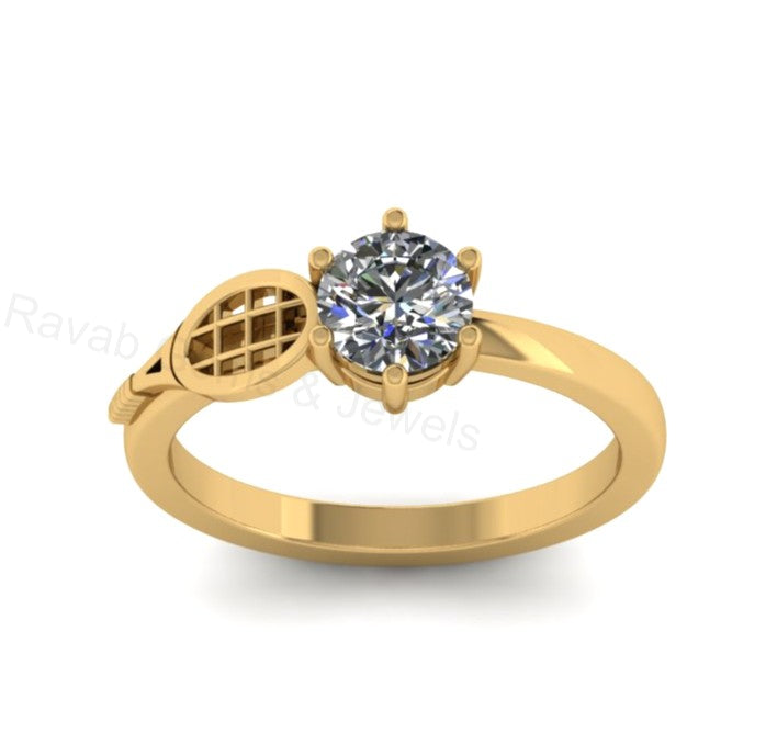 Best Selling 925 Silver Gold Plated 6mm Round Cubic Zirconia Accents Gemstone Tennis Racket Design Women Customized Ring Fine Jewelry
