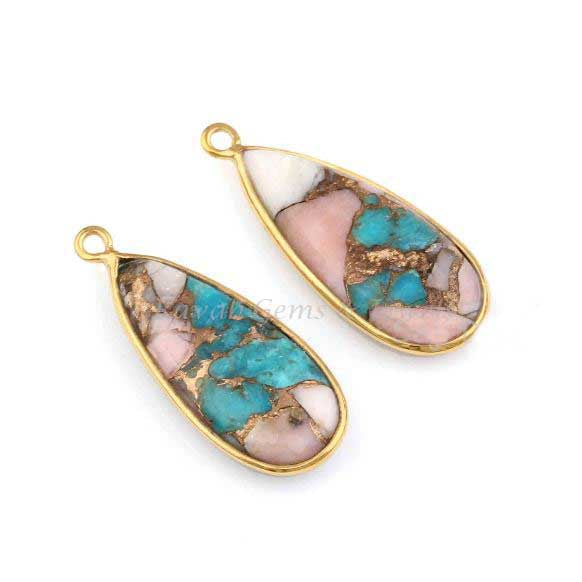 Pink Opal Copper Turquoise Charm Pendant Gemstone, Pear 10x28mm 925 Sterling Silver Gold Plated Charm, Handmade Earring Making Stone Charms