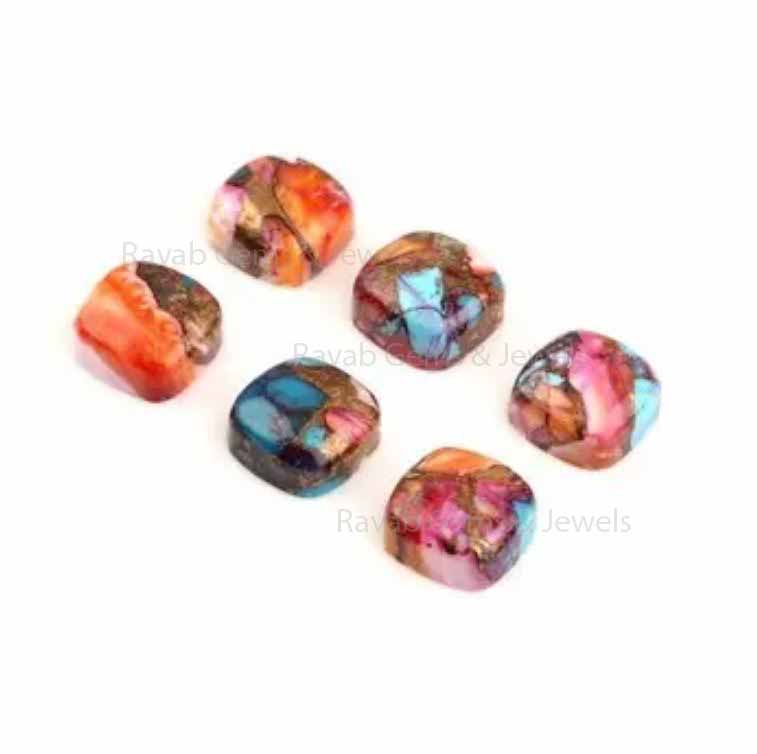 Spiny Oyster Copper Turquoise Cushion Shape Gemstone, Smooth Cabochons Loose Beads Calibrated Stone For Earrings 2 Pcs Set For Sale