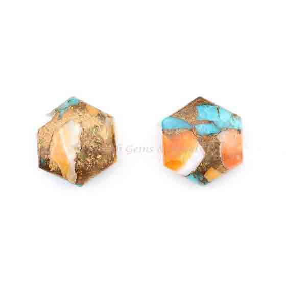 Spiny Oyster Copper Turquoise Hexagon Shape Gemstone, Calibrated Smooth Cabochons Stone For Jewelry, Loose Beads For Earring 12mm 2 Pcs