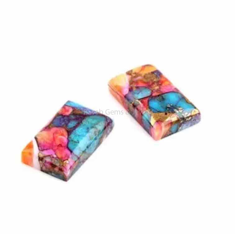 Spiny Oyster Copper Turquoise Rectangle Smooth Cabochons Gemstone | Loose Beads Calibrated Stone For Jewelry 2 Pcs Set 12x20mm