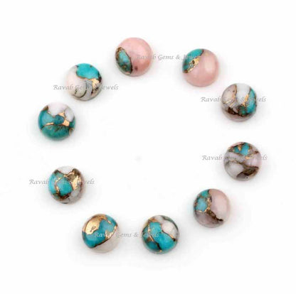 Pink Opal Copper Turquoise Round Smooth Cabochon Gemstone- Loose Beads Calibrated Stone For Sale, Jewelry Making Stones 5 Pcs Set