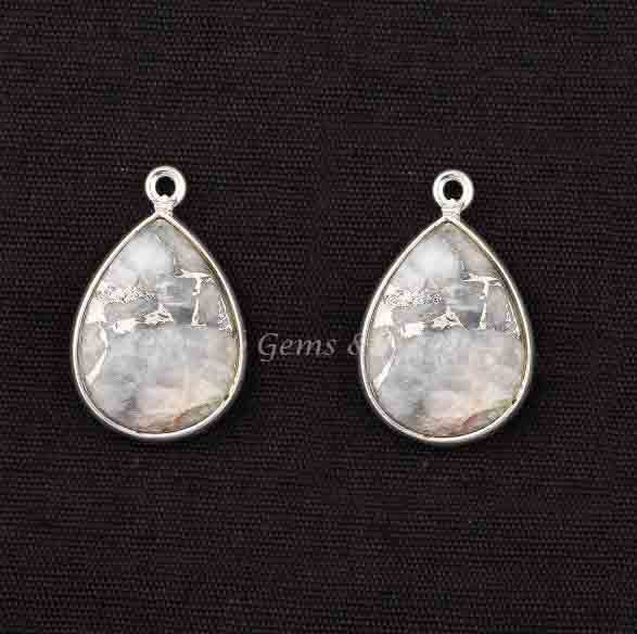 White Calcite Copper 12x16mm Smooth Pear Shape Briolette Gemstone Gold Plated 925 Sterling Silver Charm For Jewelry, Charms 2 Pcs Set