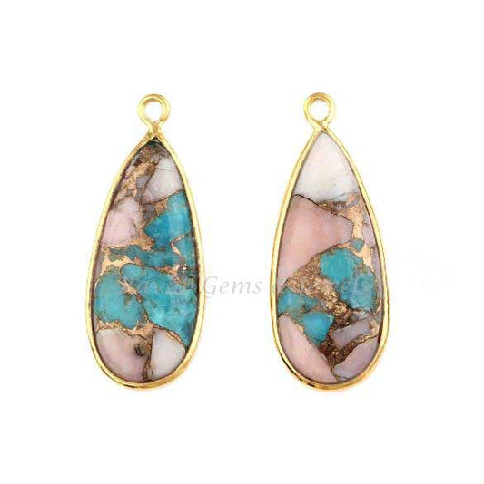 Pink Opal Copper Turquoise Charm Pendant Gemstone, Pear 10x28mm 925 Sterling Silver Gold Plated Charm, Handmade Earring Making Stone Charms