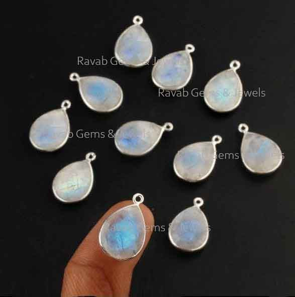 12x16mm Rainbow Moonstone Pear Silver Charm - 10mm Pear Charm Pendant - Sterling Silver Charm - Rainbow Moonstone Charm - Moonstone - 2 Pc