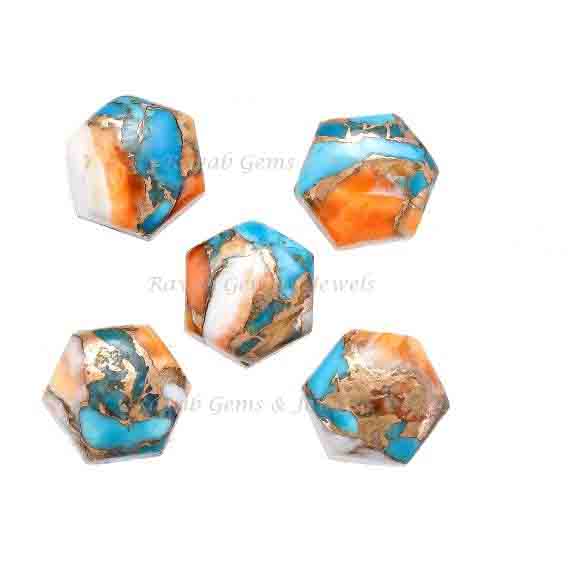 Spiny Oyster Copper Turquoise Hexagon Shape Gemstone, Calibrated Smooth Cabochons Stone For Jewelry, Loose Beads For Earring 12mm 2 Pcs