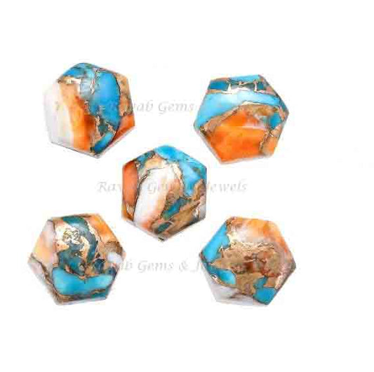 Spiny Oyster Copper Turquoise Hexagon Shape Gemstone, Calibrated Smooth Cabochons Stone For Jewelry, Loose Beads For Earring 12mm 2 Pcs