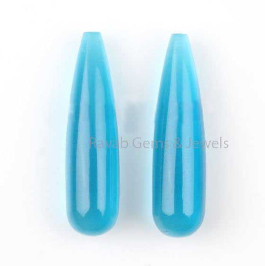 Sky Blue Cat's Eye Smooth Drop Gemstone, Calibrated Loose Beads Teardrop Semi Precious Stone For Fancy Earring Making 9x30mm 2 Pcs Set