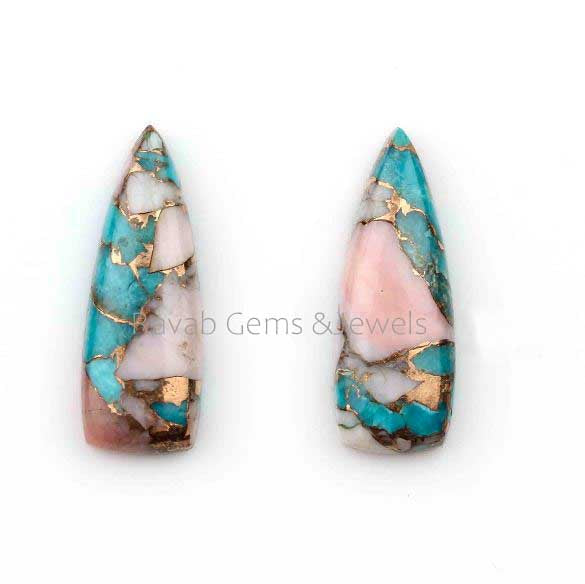 10x28mm Pink Opal Copper Turquoise Long Trillion Gemstone Calibrated Cabochon, Loose Beads Stone For Earrings 2 Pcs Set Wholesale