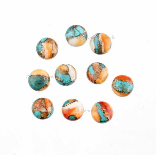 Spiny Oyster Copper Turquoise Round Gemstone Cabochon, Calibrated Smooth Loose Beads Stone For Jewelry Making, Best Quality 12mm - 5 Pc Set