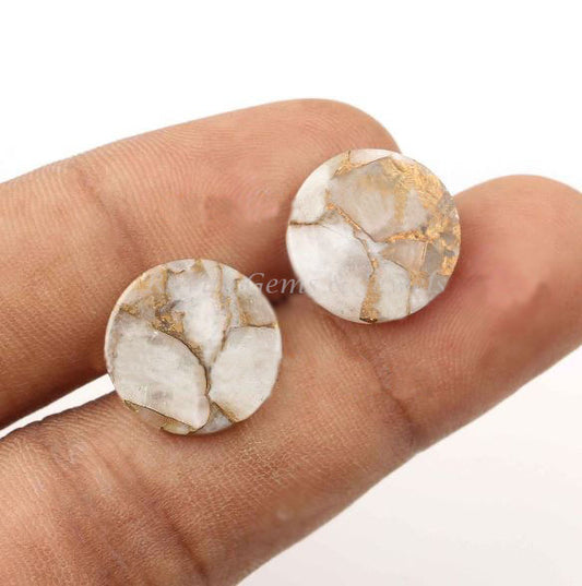 White Calcite Copper round Coin shape 12mm Both side Flat Gemstone , White Calcite Copper Calibrated jewelry making beads 2 pcs set