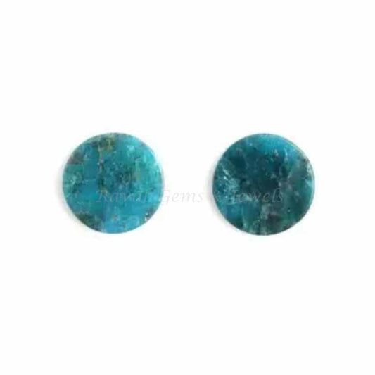 Natural Apatite Round Coin Shape 12mm Flat Gemstone, Calibrated Smooth Pair Stones, Loose Beads ForJewelry Earring Making 2 Pcs Set