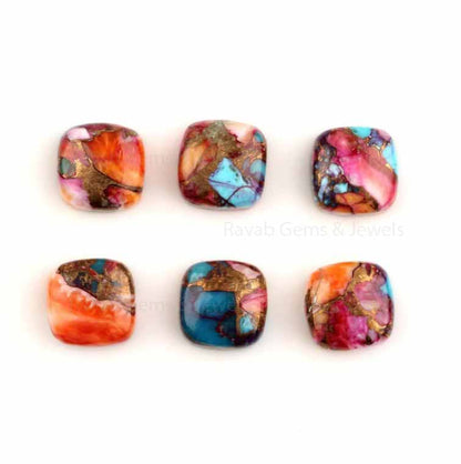 Spiny Oyster Copper Turquoise Cushion Shape Gemstone, Smooth Cabochons Loose Beads Calibrated Stone For Earrings 2 Pcs Set For Sale