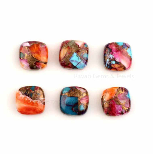 Spiny Oyster Copper Turquoise Cushion Shape Gemstone, Smooth Cabochons Loose Beads Calibrated Stone For Earrings 2 Pcs Set For Sale