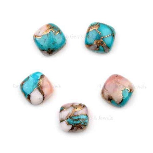 Pink Opal Copper Turquoise Cushion Shape Cabochons Gemstone | Loose Beads Smooth Calibrated Stone For Jewelry Set 5 Pcs Set