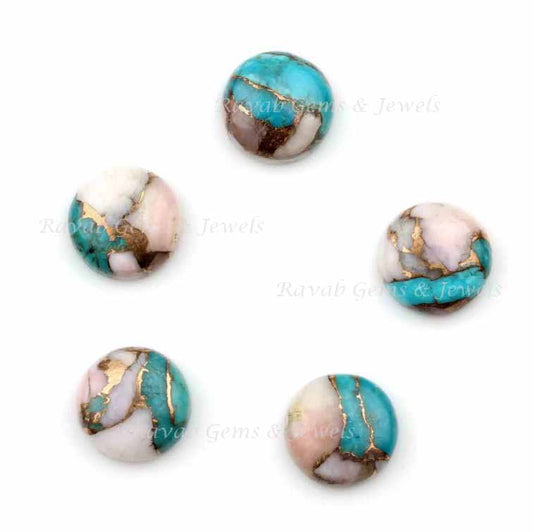 Pink Opal Copper Turquoise Round Smooth Cabochon Gemstone- Loose Beads Calibrated Stone For Sale, Jewelry Making Stones 5 Pcs Set