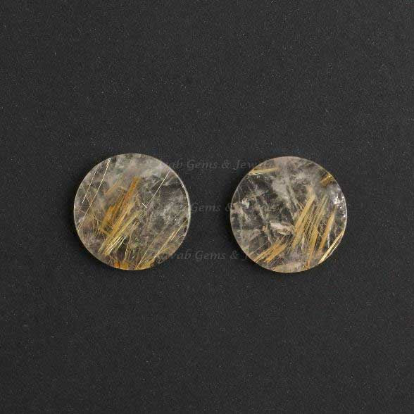 Natural Golden Rutile Round Coin Shape 12mm Flat Gemstone For Customised Jewelry, Loose Beads Calibrated Stone For Jewelry 2 Pcs Set