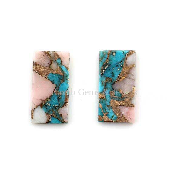 Pink Opal Copper Turquoise Rectangle Shape 8x16mm Flat Gemstone For Jewelry, Calibrated Beads Stone For Matching Pair 2 Pc Set