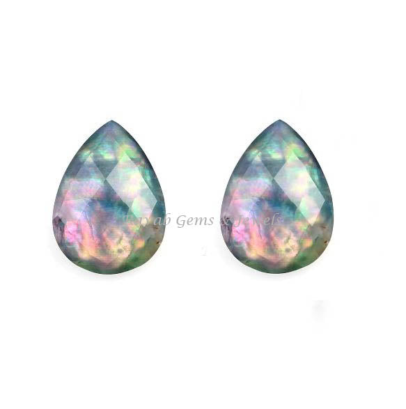 Multi Abalone Shell Doublet Quartz Pear Gemstone, Faceted Smooth Briolette Stones for Jewelry Pendant, Earrings Making beads 12x16mm 2 Pcs