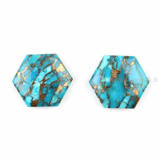 Blue Copper Turquoise Hexagon Shape Gemstone, Loose Beads Faceted Calibrated Cabochons Pair Earring Matching Stones 2 Pcs Set Available