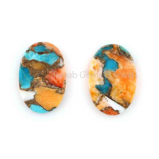 Spiny Oyster Copper Turquoise Oval Shape 12x19mm Smooth Flat Gemstone, Loose Beads Calibrated Stone For Jewelry Earring Matching 2 Pcs Set