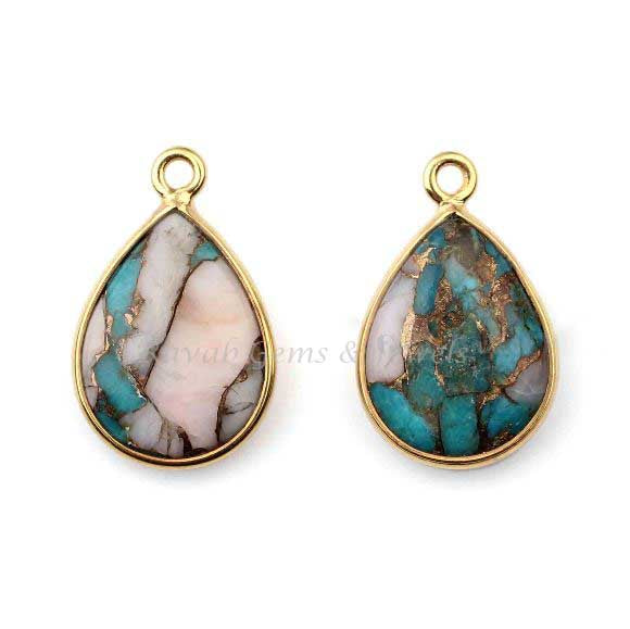 Pink Opal Copper Turquoise Pear 12x16mm Gemstone Gold Plated 925 Sterling Silver Charm Connector, Briolette Stone Pendant Charms 2 Pcs Set