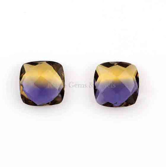 Amazing Ametrine Quartz Cushion Shape 12mm Faceted Briolette Gemstone for Jewelry, Ametrine Quartz Pendant, Earring Making Beads 2 Pcs Set