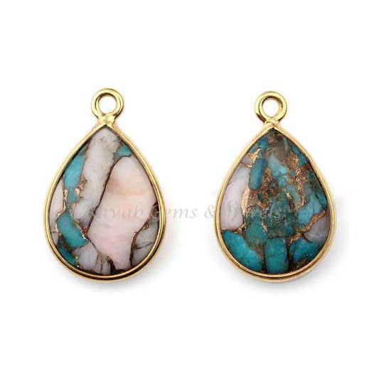 Pink Opal Copper Turquoise Pear 12x16mm Gemstone Gold Plated 925 Sterling Silver Charm Connector, Briolette Stone Pendant Charms 2 Pcs Set