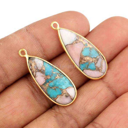 Pink Opal Copper Turquoise Charm Pendant Gemstone, Pear 10x28mm 925 Sterling Silver Gold Plated Charm, Handmade Earring Making Stone Charms