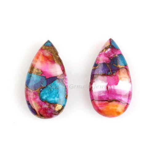 Spiny Oyster Copper Turquoise Long Pear Smooth Briolette Gemstone, Purple & Orange Calibrated Stone For Jewelry Making, 2 Pcs Set 10x25mm