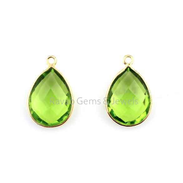 12x16mm Peridot Quartz Faceted Pear Briolette Gemstone, Gold Plated 925 Sterling Silver Charm, Beautiful Pendant Charm Connector, 2 Pcs Set